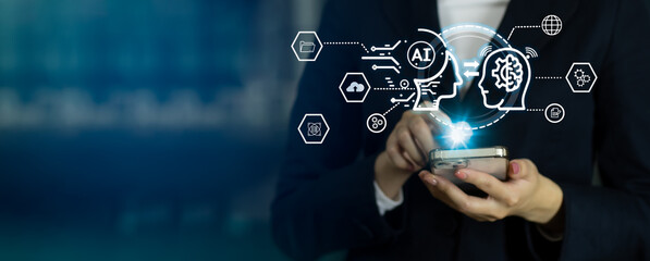 Poster - Businesswoman using smart phone with AI and Digital Icons on dark background. Ai machine learning technology. IoT, internet of things.