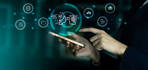 Poster - Woman using smartphone connecting chatting ai. AI chat bot technology. Smart brain assistant.
