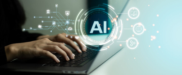 Fototapete - Business people using chat AI on laptop computer. Business, technology, internet iot and networking AI concept.
