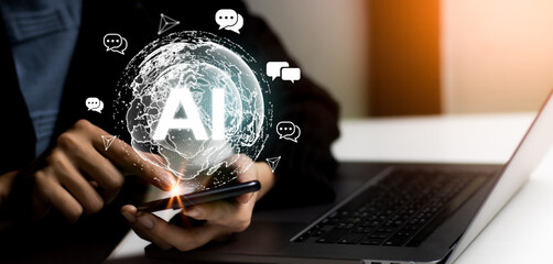 Fototapete - Businessman using smart phone. AI and Digital Icons on dark background. Ai machine learning technology. Digital transformation technology strategy, IoT, internet of things. 