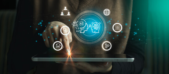 Poster - Chatgpt Chat with AI or Artificial Intelligence technology, businesswoman use AI smart technology on digital tablet. future technology