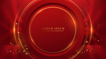 Wall Mural - red luxury background with golden circle frame, glowing lines and glitter light effects decoration. 