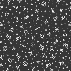 Wall Mural - Zodiac signs, horoscope symbols seamless pattern on black background. Repeating print, texture for decoration, wallpaper, fabric, wrapping paper, web page design template vector illustration