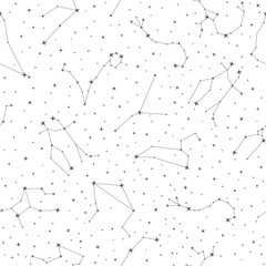 Wall Mural - Zodiac constellations and connected stars seamless pattern, repeating print for fabric, packaging, cover, wrapping paper. Astrology, horoscope signs white background vector illustration