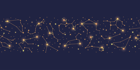 Wall Mural - Golden zodiac constellations, trendy astrology seamless pattern on night sly background. Constellations of shiny golden stars repeating print for packaging, cover, wrapping paper vector illustration