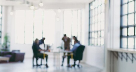 Fototapete - Startup, blurred or business people in meeting on innovation idea, product strategy or research review. Collaboration, teamwork or group for communication, networking or planning creative marketing