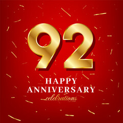 92nd anniversary vector template with a golden number and golden confetti spread on a red background