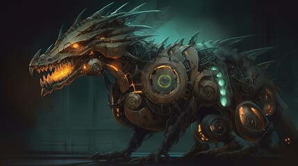 Wall Mural - A mechanical dragon with glowing eyes. Fantasy concept , Illustration painting. Generative AI