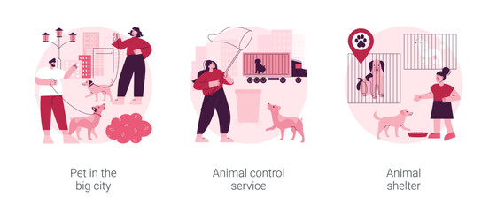 Poster - urban pets abstract concept vector illustration set. pet in the big city, animal control service, an