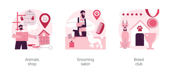 Poster - Animal care abstract concept vector illustration set. Animals shop, grooming salon, breed club, pet goods e-shop, supplies online, paws treatment parlor, canine breed show abstract metaphor.