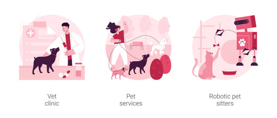 Poster - Animal services abstract concept vector illustration set. Vet clinic, pet services, robotic pet sitters, dog walking, grooming salon, veterinary hospital medical care, vaccination abstract metaphor.