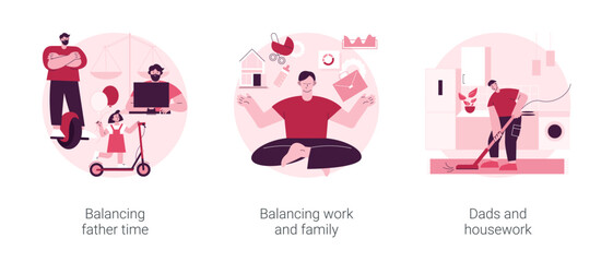 Poster - Happy family abstract concept vector illustration set. Balancing father time, work and family balance, dads and housework, time together, chores at home, time management abstract metaphor.