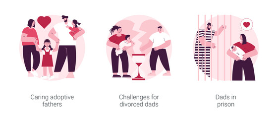 Poster - Father in kids life abstract concept vector illustration set. Caring adoptive fathers, challenges for divorced dads, dads in prison, foster care, family instability, child custody abstract metaphor.