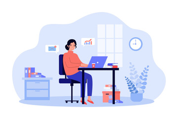 Poster - Businesswoman working on laptop in office vector illustration. Cartoon drawing of happy busy woman analyzing financial charts and responding to e-mails. Business, workplace, occupation concept