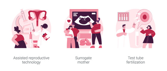 Poster - Infertility procedures abstract concept vector illustration set. Assisted reproductive technology, surrogate mother, test tube fertilization, in vitro, egg cell, pregnant woman abstract metaphor.