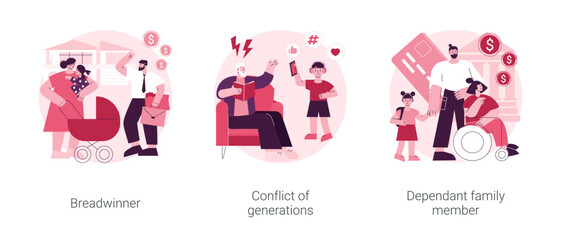 Poster - family needs and communication abstract concept vector illustration set. breadwinner, conflict of ge