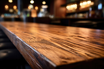 Aufkleber - Empty wooden table and blurred background of bar or pub. High quality photo