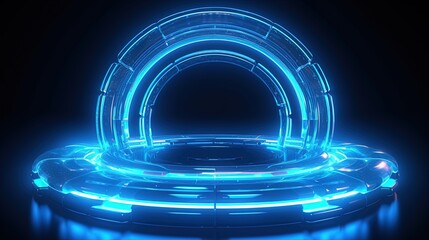 Wall Mural - 3d rendering of abstract background with blue neon lights. Glowing spiral shape.Generative Ai