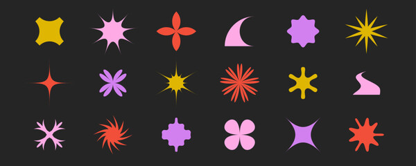 Poster - Abstract stars, flowers, waves, sunburst shapes set. Primitive geometric forms collection in Swiss, bauhaus or Memphis style. Brutalist elements bundle for poster, banner, collage. Vector signs pack. 