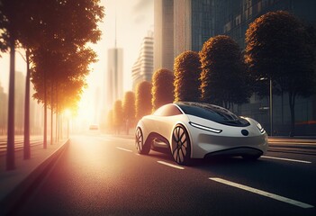 Wall Mural - Electric sport car running on the morning road in future city Created with Generative AI technology.