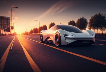 Wall Mural - Electric sport car running on the morning road in future city Created with Generative AI technology.