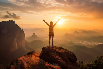 Successful women have attained peaks of personal growth and development. Woman on top of the mountain with arms open with sunrise success in business leadership winner on top,Generative AI