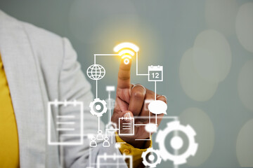Poster - Woman, hands and futuristic hologram icons for global communication, advertising or marketing on mockup. Hand of female person touching future holographic icon for networking or digital innovation