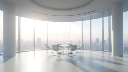 Wall Mural - modern office interior of empty conference table and chair with big glass with and skyline view created with Generative AI