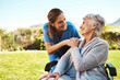 © Chanelle Malambo/peopleimages.com - Senior woman, nurse and wheelchair in life insurance, healthcare support or garden at nursing home. Happy elderly female and caregiver for person with a disability, health or retirement in nature