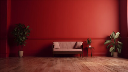 Empty red wall with sofa and plant with wood floor created with Generative AI