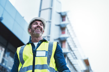 Aufkleber - Engineering, building and happy with man in city for planning, designer or industry. Architecture, project management or infrastructure with male contractor on construction site for inspection