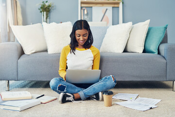 Poster - Student laptop, floor and happy woman typing research project, university school paper or study for college test. Happiness, home lounge or learning person search online web for education information