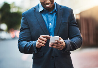 Aufkleber - Business, smartphone and hands of man in city for networking, online website and social media contact. Communication, mobile app and male person on phone for email, research and travel gps in street