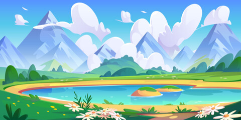 Wall Mural - Lake and spring flower field mountain vector landscape. Cartoon nature scene with cloud, green grass and water. Cute picturesque outdoor alps environment with meadow and hill in park on sunny weather.