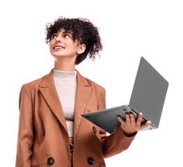 Canvas Print - Beautiful happy businesswoman with laptop on white background, low angle view