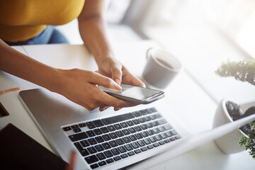 Aufkleber - Woman, hands and phone online at a laptop for work networking and employee typing. Female worker, table and social network app with mobile communication and text for professional and web connection