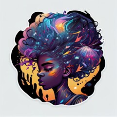 Wall Mural - A cute African American teenage goddess with beautiful afrocentric hairstyle made from celestial bodies fade into the universe. Generative AI AIG16.