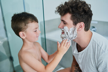 Sticker - Father, kid and learning how to shave in bathroom, having fun or bonding together. Smile, child and dad teaching with shaving cream on face, playing and cleaning, hygiene and enjoying quality time.