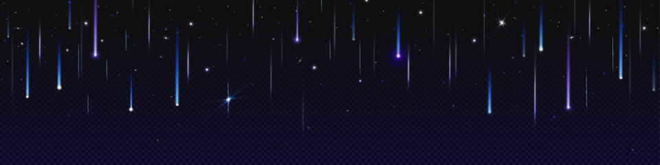 Wall Mural - realistic star shower on transparent night sky background. vector illustration of comets, meteors, a