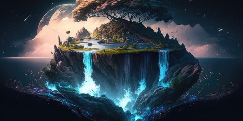 Wall Mural - fantasy fairytale sphere island floating in universe of night sky. superlative generative ai image.