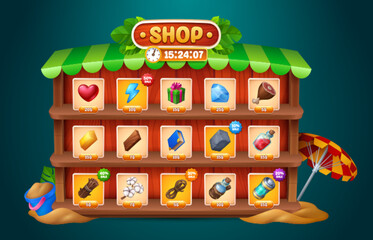 Poster - cartoon game shop window with assets on wooden shelves. vector illustration of gemstone, heart, gift