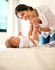 Poster - Happy, love and a mama with her baby in the bedroom of their home together for playful bonding. Family, children and a young mother spending time with her newborn infant on the bed for fun or joy