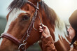 Horse, prepare and face of a racing animal outdoor with woman hand ready to start training. Horses, countryside and pet of a female person holding onto rein for riding and equestrian sport exercise