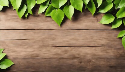 Wall Mural - Lush green leaves on top and side of wooden plank from Generative AI