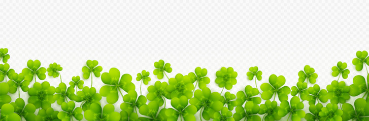 Realistic clover leaves border isolated on transparent background. Vector illustration of four and three leaf trifoils. Decorative plant for lawn, pasture grass to feed livestock. Symbol of good luck