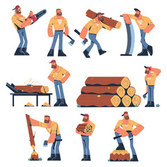 Bearded Man Logger or Lumberjack Cutting Tree Trunk Vector Set