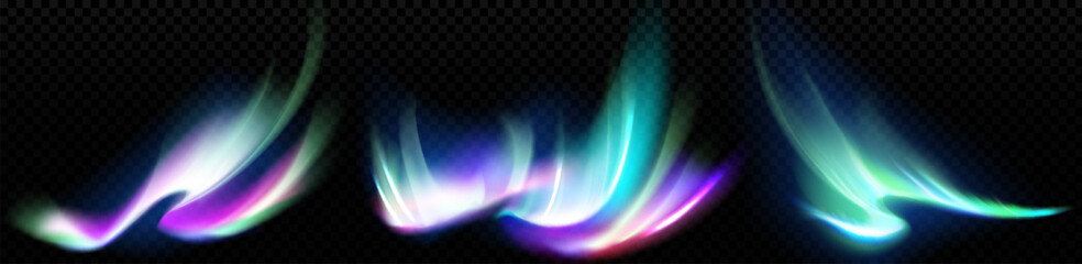Poster - Northers sky aurora sky light isolated vector set on transparent background. Abstract north borealis galaxy overlay effect illustration. Green, blue and purple rainbow astral ray shine design.