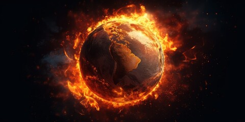 earth on fire and burning down, global catastrophe and world destroyed on dark background. generativ