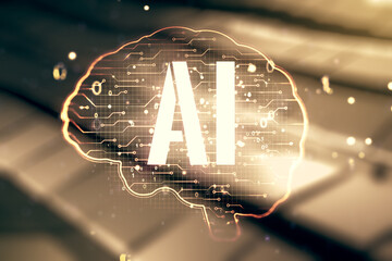 Poster - double exposure of creative artificial intelligence interface on blurry metal background. neural net