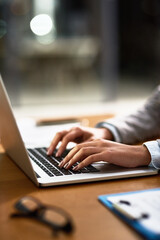 Canvas Print - Laptop, email and hands of a person at a desk for work, internet and connection at night. Business, corporate and a secretary or receptionist typing on a computer for late admin online in an office